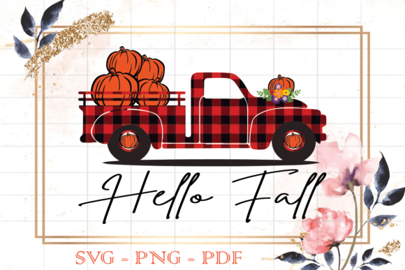 Hello Fall Red Plaid Pumpkins Truck SVG Graphics
